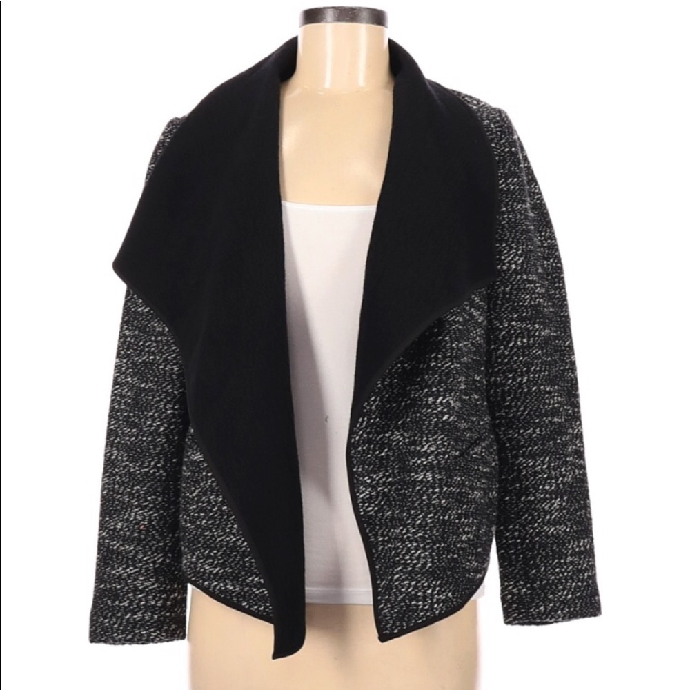 Ann Taylor black white shawl collar tweed jacket medium petite